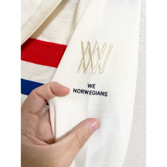 We Norwegians Womens Ski Full Zip Hoodie Wool Blend Cream Red Blue Stripes Small - Picture 7 of 9